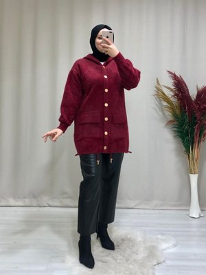 Tesettür Önden Düğmeli Kapüşonlu Angora Hırka