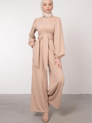 Geniş Kuşak Dolamalı Tulum Krem Geniş Kuşak Dolamalı Tulum Krem