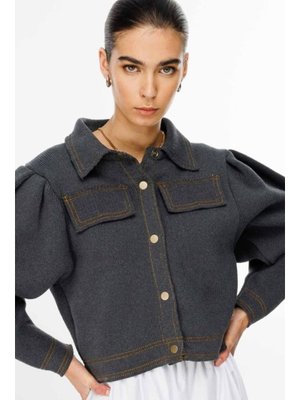 Antrasit Metal Düğmeli Triko Bomber Ceket