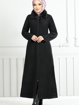 Önden Fermuarlı Kürklü Kaban M Siyah