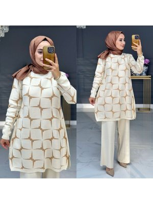 Kadın Uzun Bisiklet Yaka Kendinden Krem Yıldız Desenli Tunik Triko Kazak