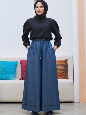 Lastikli Bol Paça Pantolon Koyu Mavi