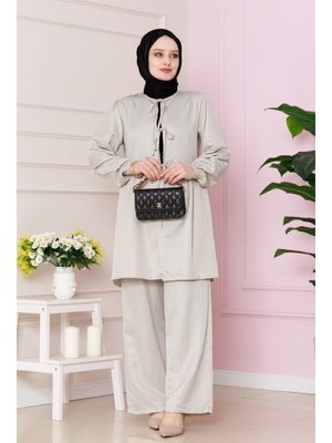 Bej Önü Bağlamalı Pantolonlu Takım