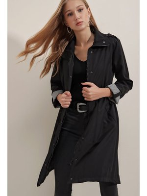 Siyah Bel Bağlamalı Trençkot Siyah Bel Bağlamalı Trençkot