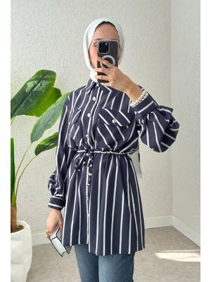 Lacivert Bel Büzgülü Tunik