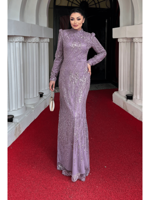 Lila Full Boncuk Kumaş Tasarım Abiye Elbise