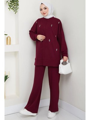 Bordo Taş Detaylı İkili Takım Bordo Taş Detaylı İkili Takım
