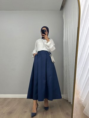 Premium Beli Lastikli Cepli Poplin Beyaz Etek