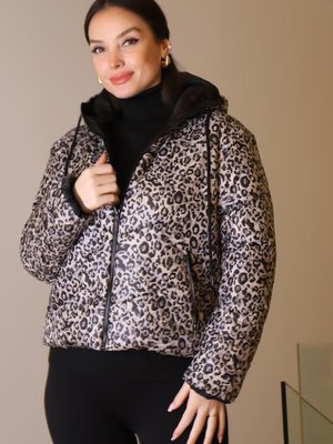 Bej Leopar Kapüşonlu Desenli Kaban