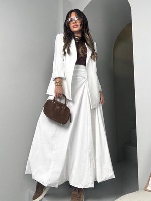 Beyaz Drapeli Bel Detaylı Balon Uzun Etek