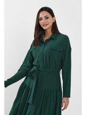 Koyu Yeşil Rahat Kesim Aerobin Gömlek Elbise,elb