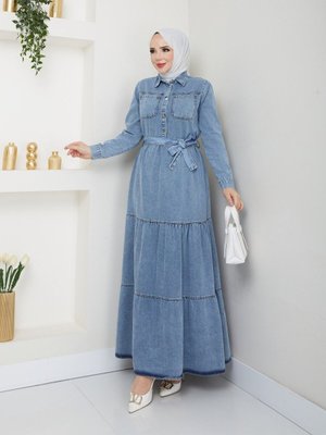 Belden Bağlamalı Kot Elbise