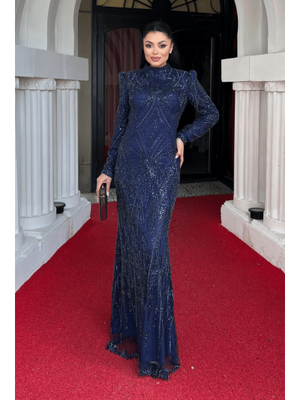 Lacivert Full Boncuk Kumaş Tasarım Abiye Elbise