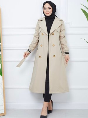 Bondit Kumaş Ribanalı Uzun Boy Trençkot / Ekru