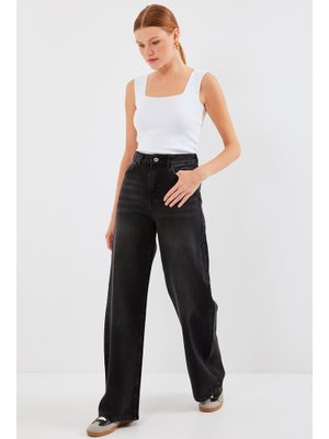 Siyah Bol Paça Yüksek Bel Palazzo Kot Pantolon Siyah Bol Paça Yüksek Bel Palazzo Kot Pantolon