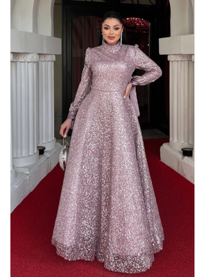 Pudra Boncuklu Kumaş Saten Detaylı Abiye Elbise