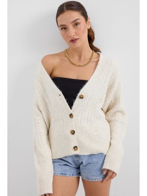 Ekru Örgülü Oversize Triko Hırka