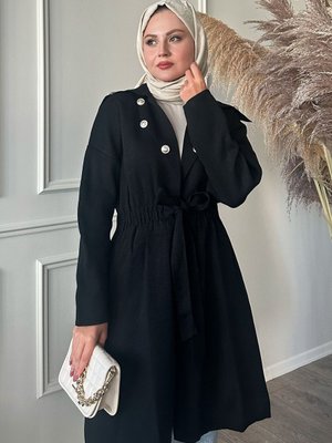Düğme Detay Bağcıklı Siyah Triko Hırka Düğme Detay Bağcıklı Siyah Triko Hırka