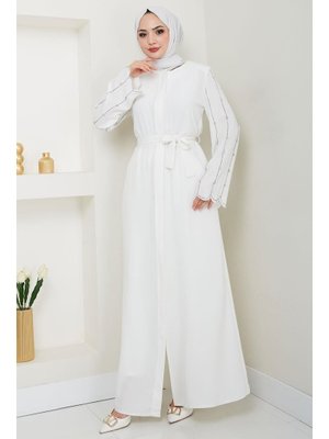 Beyaz Kolu Taşlı Gizli Patlı Ferace Beyaz Kolu Taşlı Gizli Patlı Ferace