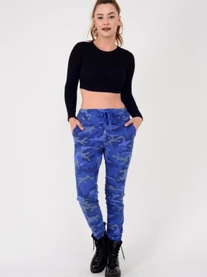 Saks Mavi Italyan Beli Bağlamalı Kamuflaj Desenli Dar Paça Pantolon