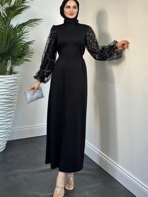Kevin Kolları Simli Kalem Abiye Elbise Siyah Kevin Kolları Simli Kalem Abiye Elbise Siyah