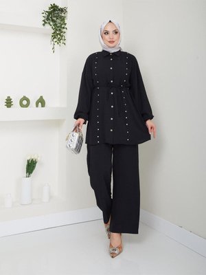 Siyah Ayrobin Taş Detaylı Takım