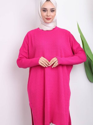 Fuşya Bisiklet Yaka Merserize Salaş Triko Tunik Fuşya Bisiklet Yaka Merserize Salaş Triko Tunik