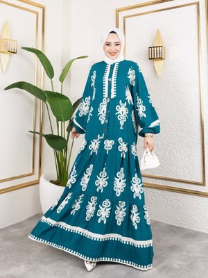 Yeşil Önü Düğmeli Hakim Yaka Ve Büyük Battal Beden Balon Kol Dokuma Viskon Elbise Yeşil Önü Düğmeli Hakim Yaka Ve Büyük Battal Beden Balon Kol Dokuma Viskon Elbise