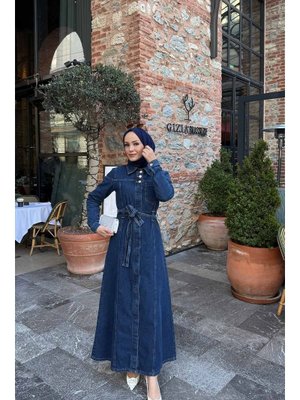 Lacivert Kuşaklı Kot Elbise