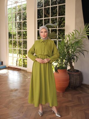 Yağ Yeşili Yanları Bağlamalı Elbiseli Takım