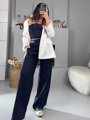 Lacivert Kontrast Şerit Bel Detaylı Pantolon
