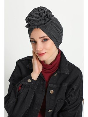 21rb Antrasit Melanj Güllü Bone Kışlık Türban,b 21rb Antrasit Melanj Güllü Bone Kışlık Türban,b