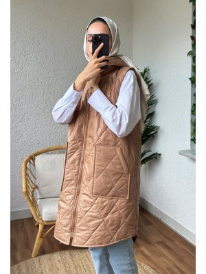 Camel Önü Fermuarlı Kapüşonlu Yelek