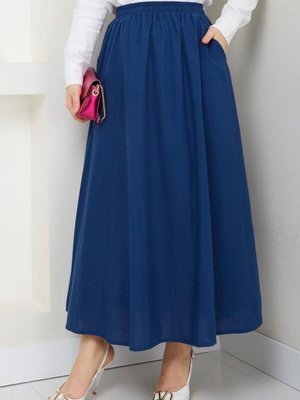 İndigo Cepli Beli Lastikli Keten Uzun Etek