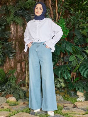 Belden Bağcıklı Mavi Pantolon