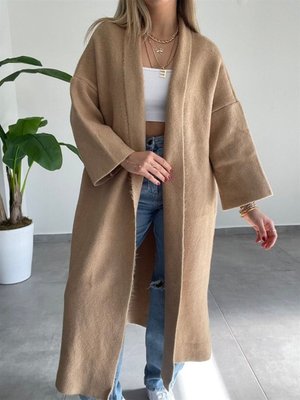 Camel Maxi Boy Uzun Polarlı Kalın Triko Hırka Nwj