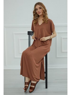 Koyu Kahverengi Yırtmaçlı Penye Elbise,elb