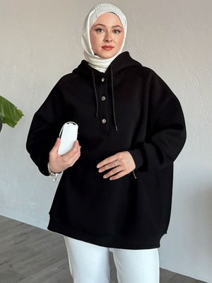 Çıtçıt Yaka Kapüşonlu Siyah Sweat Çıtçıt Yaka Kapüşonlu Siyah Sweat