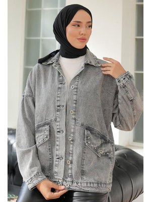 Antrasit Kar Yakası Taş Detaylı Kot Ceket