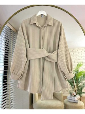 Kadın Beli Kuşaklı Flamlı Gömlek