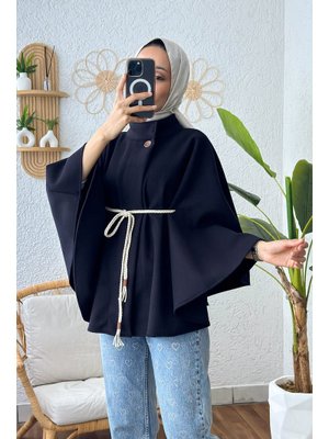 Lacivert Örgü Kuşaklı Panço