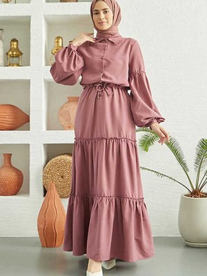 Krep Elit Büzgülü Elbise Gül Kurusu