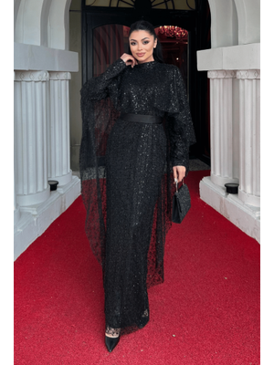 Siyah Full Boncuk Kumaş Pelerin Detaylı Abiye Elbise