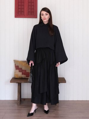 Siyah Kat Detay Bohem Etek