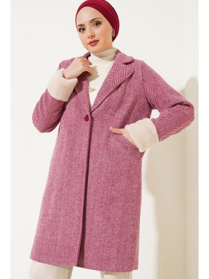 Bordo Kolları Tüylü Balık Sırtı Kaşe Kaban