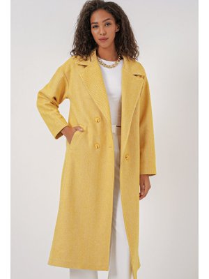 Sarı Oversize Geniş Kesim Yünlü Uzun Kaşe Kaban