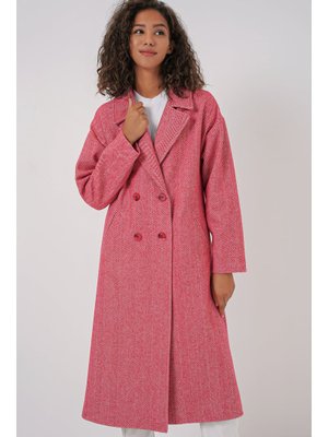 Kırmızı Oversize Geniş Kesim Yünlü Uzun Kaşe Kaban