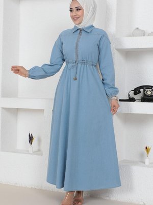 Açık Mavi Fermuar Detaylı Bağcıklı Kot Elbise