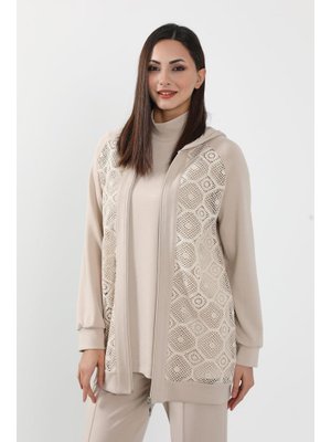Bej Dantel Detaylı Fermuarlı Kapüşonlu Hırka Swet,sw