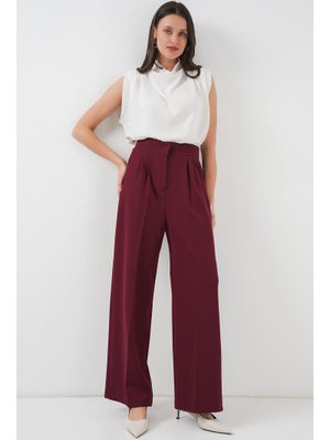 Bordo Yüksek Bel Bol Kumaş Pantolon Bordo Yüksek Bel Bol Kumaş Pantolon